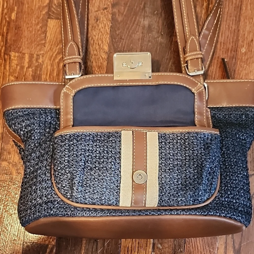 Chaps Navy Blue Woven Preppy Nautral Hippie Beach Shoulder Bag Classic Storage